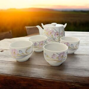 Otagiri Floral Lite Tea Set Hand Painted Japan Pot Four Traditional Cups Flaw